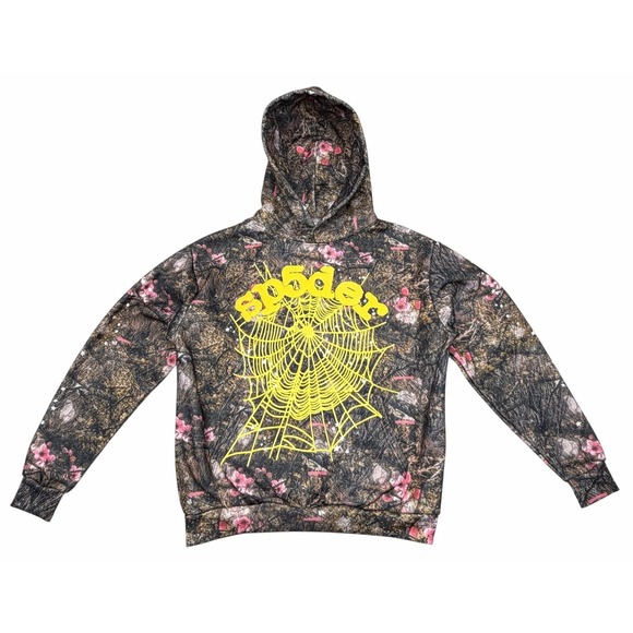 sp5der Camouflage Graphic Print Hooded Fleece Pullover Hoodie Size 2